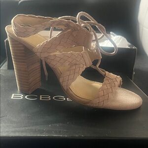 BCBG Beige Braided Lace-Up Block Heel Sandals